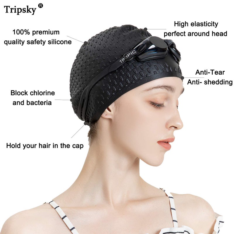 Tripsky Silicone Swim Cap,Comfortable Bathing Cap Ideal for Curly Short Medium Long Hair, Swimming Cap for Women and Men, Shower Caps Keep Hairstyle Unchanged (Black) - Image 2